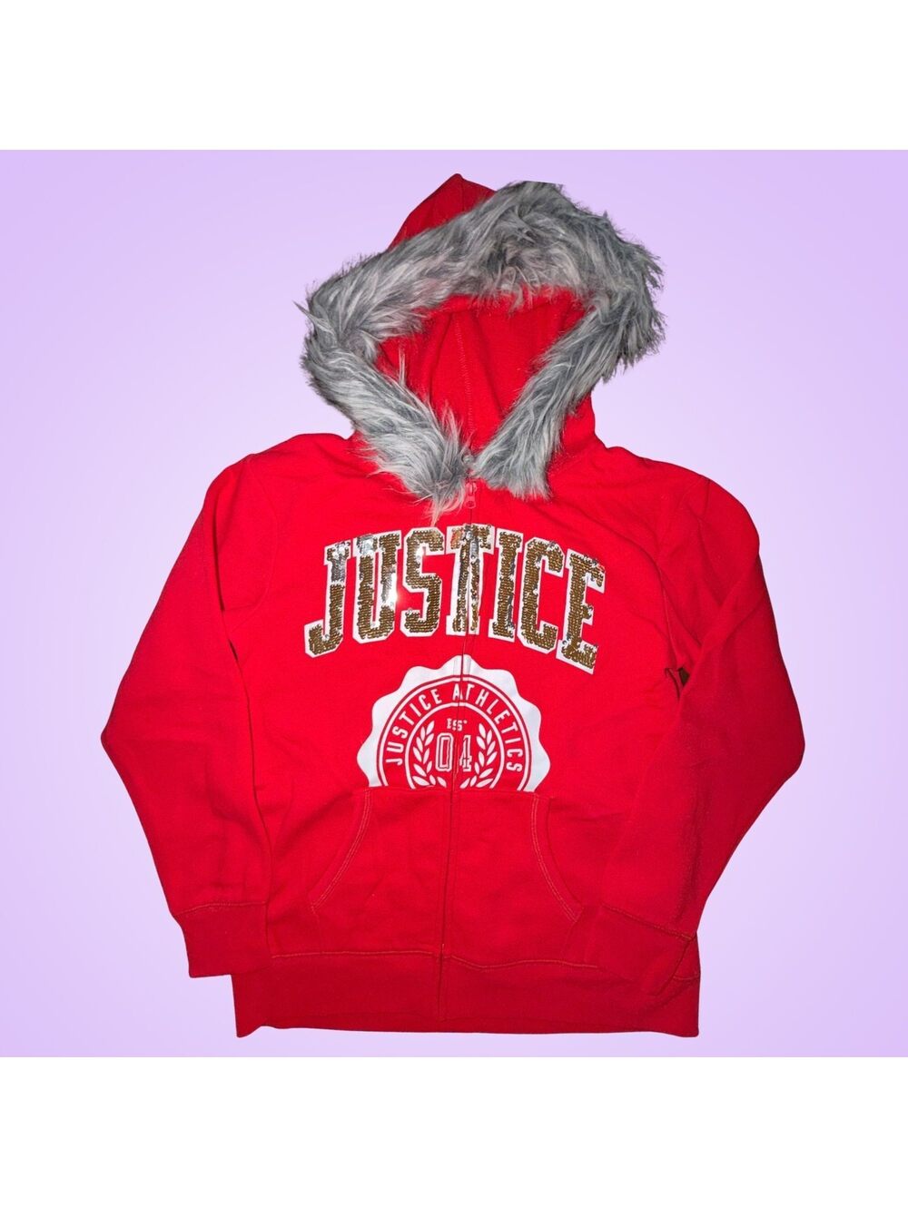 Justice Active Girls Red Faux Fur Trim Zip Up Hoodie Jacket Size 18/20